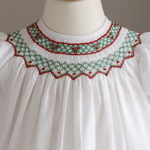 White Smocked Feltman Brothers Bishop Dress Red Green Embroidery NWT - Picture 2 of 6